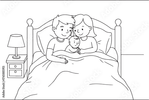 Family Bonding: A Line Art Illustration of Parents Cuddling Baby