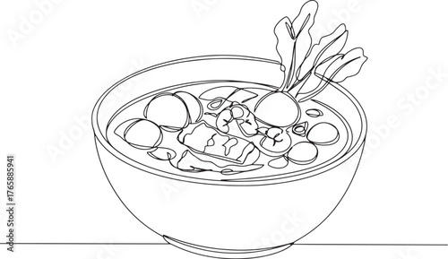 Minimalist line art illustration of a bowl of Filipino sinigang