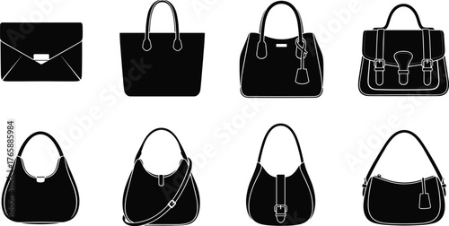 Handbag silhouettes, clutch, tote, satchel, briefcase, hobo, shoulder bag, fashion accessories, black icons, structured styles, casual designs