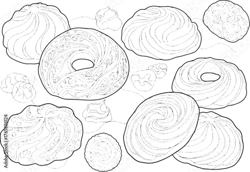 Delicate line art illustration of russian tea cakes and meringue