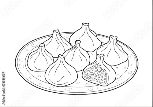 Elegant line art depicting a plate of traditional Turkish manti