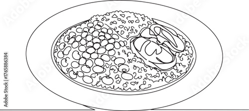 Minimalist line art illustration of trinidadian pelau, showcasin