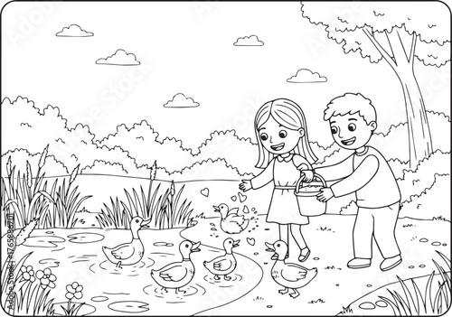 Delightful coloring page featuring children joyfully feeding duc