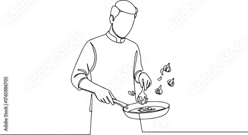 Continuous line drawing of a chef preparing food with garlic in