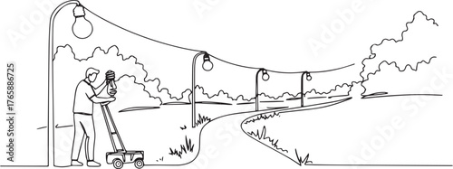 Continuous line drawing showcases a man replacing a lightbulb in
