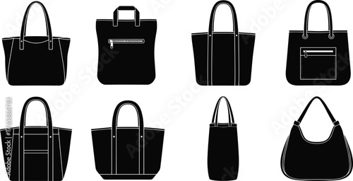 Handbag silhouettes, tote styles, structured purses, hobo bag, side view, fashion accessories, black icons, retail catalog, design reference