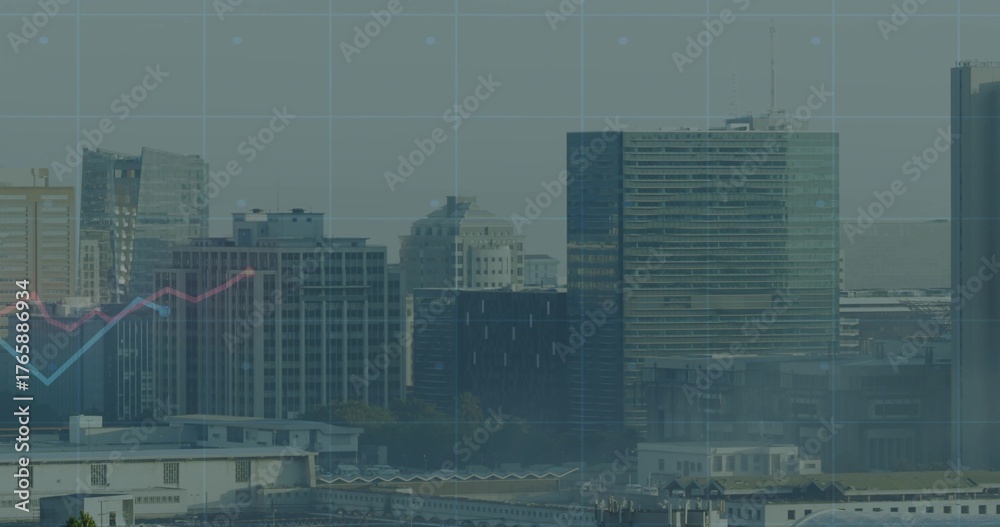 Obraz premium Showing urban waterfront skyline merging graph overlays with grid lines over office buildings