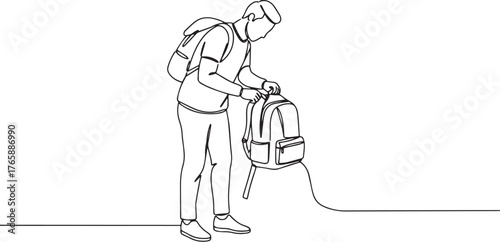 Minimalist line art illustration of a student packing backpack f