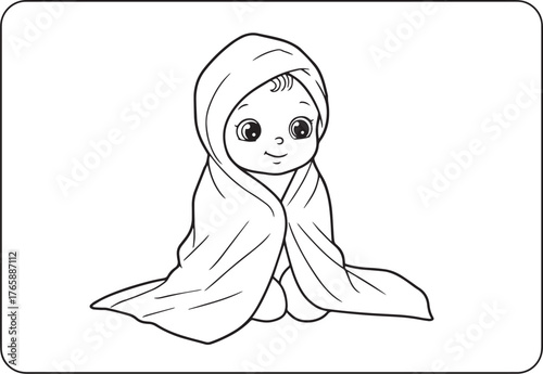 Adorable line art illustration of a baby wrapped warmly in a sof