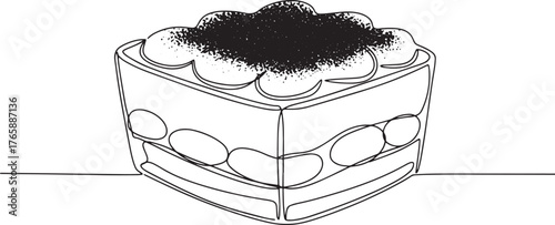 Minimalist line drawing of a classic tiramisu dessert on white b