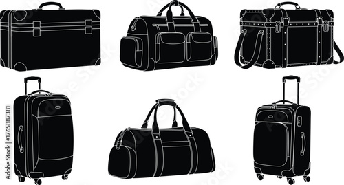Luggage silhouettes, travel bags, rolling suitcase, duffel bag, vintage trunk, black icons, gear design, accessory layout, packing essentials