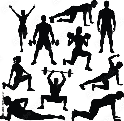 Fitness silhouette set people doing exercise with dumbbells and barbell