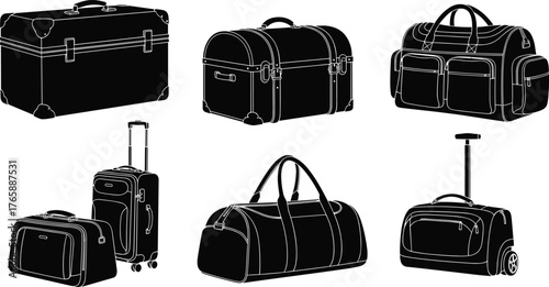 Luggage silhouettes, travel bags, rolling suitcase, duffel bag, vintage trunk, compact carry-on, black icons, gear design, accessory layout