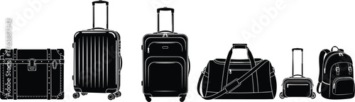 Luggage silhouettes, travel bags, rolling suitcase, duffel bag, vintage trunk, backpack, toiletry case, black icons, gear design, accessory layout