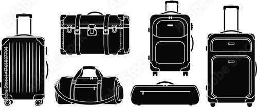 Luggage silhouettes, travel bags, rolling suitcases, duffel bag, garment carrier, vintage trunk, black icons, travel gear, accessory design