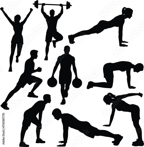 Fitness training silhouette collection of people exercising and doing sports
