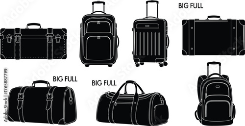 Travel bag silhouettes, duffel, suitcase, backpack, vintage trunk, rolling luggage, BIG FULL label, black icons, gear design, accessory layout