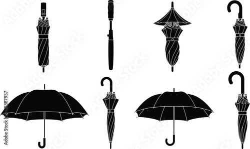 Umbrella silhouettes, closed and open styles, curved handles, dome shapes, fashion accessory, black icons, rain gear, weather protection