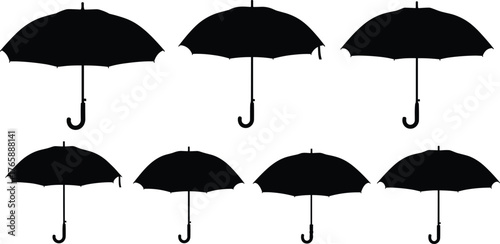 Umbrella silhouettes, curved handles, canopy variations, black icons, rain gear, fashion accessory, upright and tilted styles, weather protection