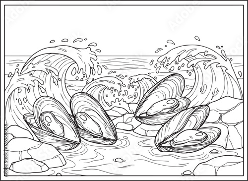 Black and white line art illustration of mussels on a rocky shor