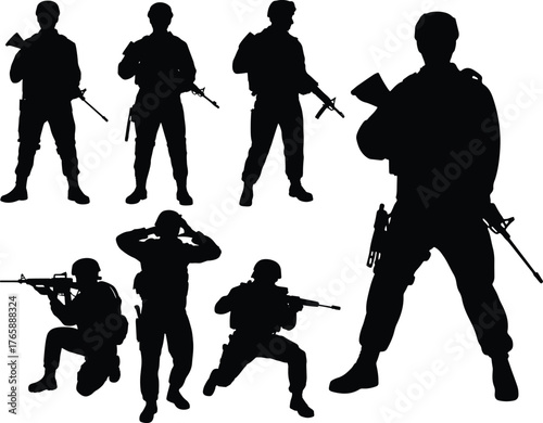 Silhouette of armed soldiers in various poses on a white background