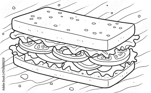 Detailed outline drawing of a delicious sandwich filled with fre