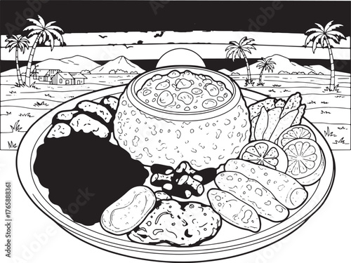 Colorful Cameroonian Eru dish with island landscape illustration