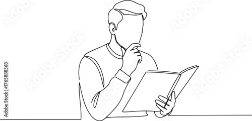 Continuous line art depicting a thoughtful man engrossed in read
