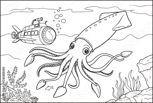 Giant Squid and Submarine Adventure Illustration for Children Co