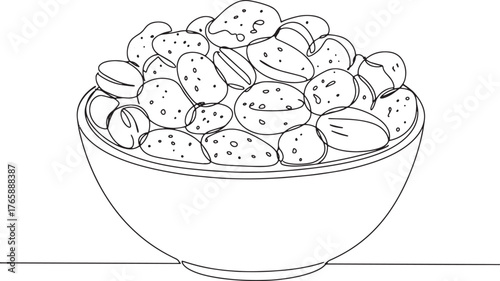 Elegant single line drawing of spiced nuts in a bowl for minimal