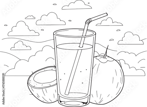 Refreshing tropical coconut water illustration with scenic cloud