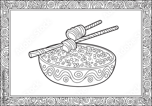 Stylized coloring page featuring a bowl of poi with lei decorati