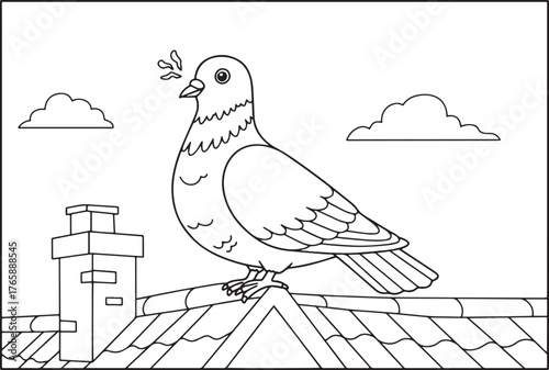 Cartoon illustration of a cooing pigeon perched on a roof under