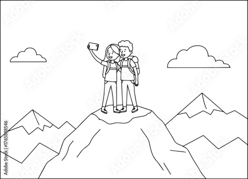 Couple taking a summit selfie, enjoying mountain adventure, capt