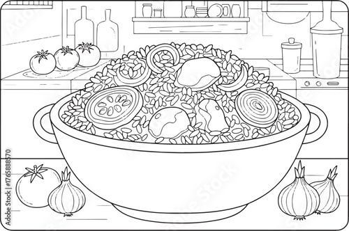 Detailed illustration of jollof rice ingredients and kitchen ute
