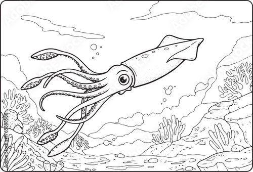 Detailed line art of a playful squid swimming amidst a coral ree