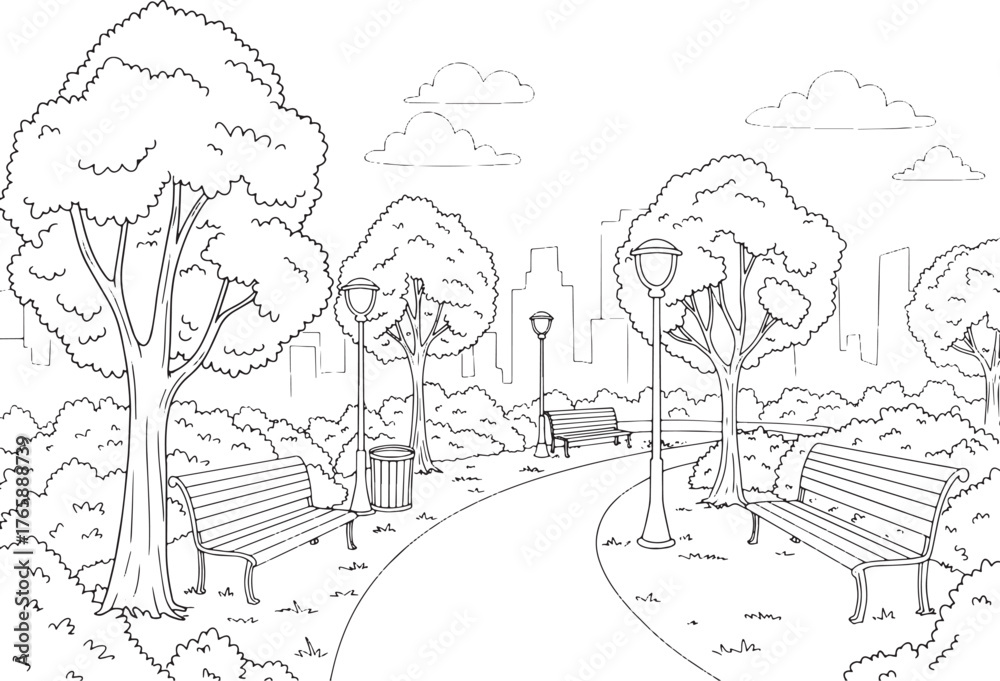 Fototapeta premium Tranquil city park outline illustration with trees, benches and