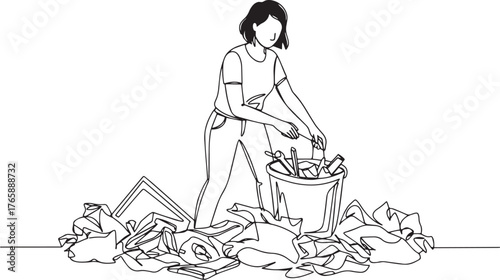 Minimalist outline illustration portraying a woman cleaning and