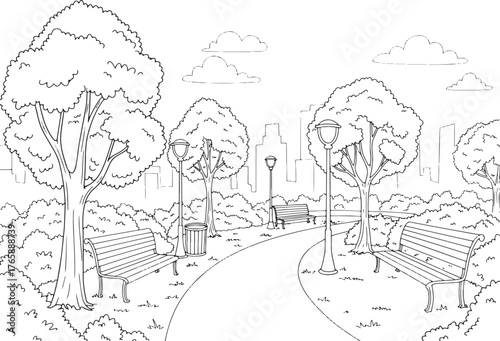 Tranquil city park outline illustration with trees, benches and