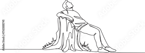 Simple line illustration of a man resting against a tree stump c