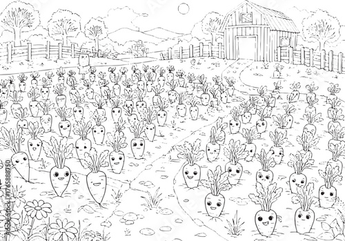 Whimsical Carrot Patch: A Black and White Farm Landscape Illustr