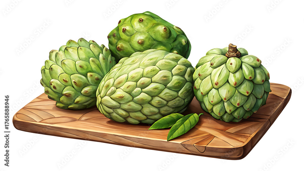 Fototapeta premium Four custard apples and two leaves resting on a wooden cutting board