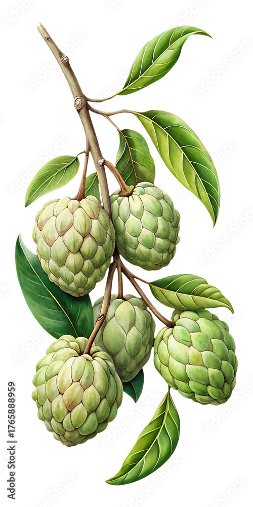 Fototapeta premium Botanical Illustration of Sugar Apples Hanging on a Branch with Green Leaves