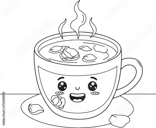 Cute cartoon cup with rose tea illustration, adorable beverage d