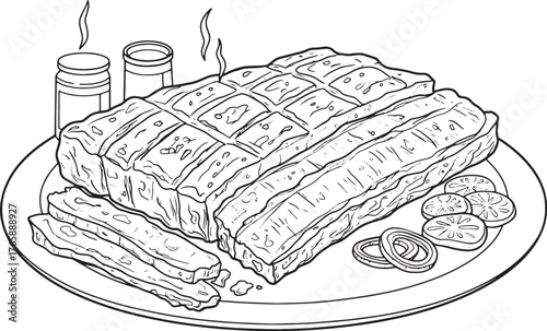 Detailed line art illustration of Texas-style barbecue brisket w