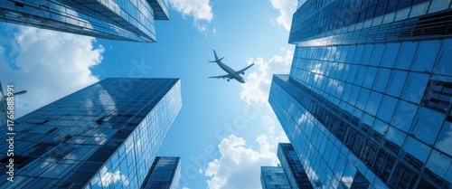 Airplane panoramic view flying on business skyscrapers of financial center. Travel, economy, cargo, transportation concept