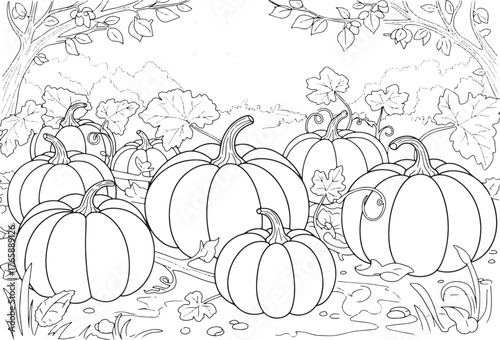 Detailed pumpkin patch illustration, a coloring page with whimsi