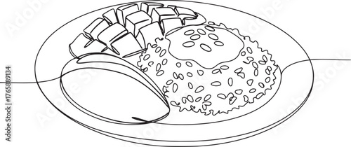 Exotic Thai Dessert: Mango Sticky Rice Line Art for Culinary Ill