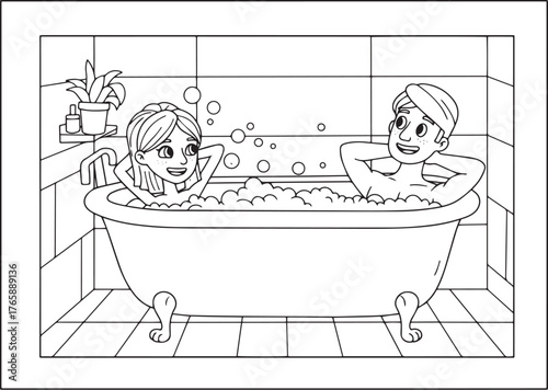 Whimsical line art of a couple relaxing in a bubble bath togethe