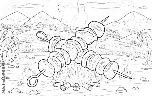 Hand-drawn monochrome illustration of grilled kebab with landsca